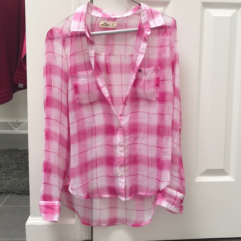 Pink chiffon plaid button up
